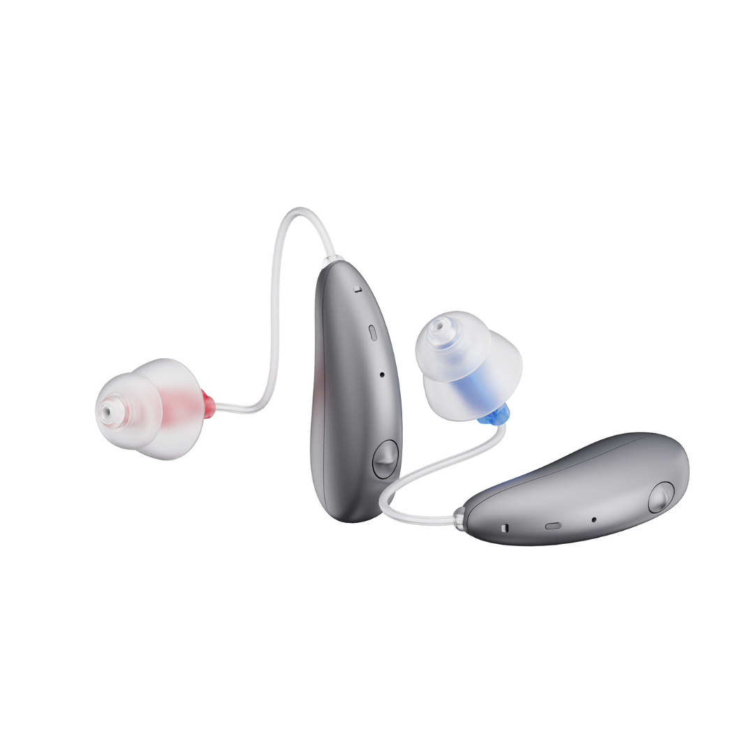 Two modern Ceretone Beacon Behind-The-Ear High Quality Hearing Aids, one red and one blue with thin tubes and silicone ear tips, are displayed on a white background, highlighting their sleek design.